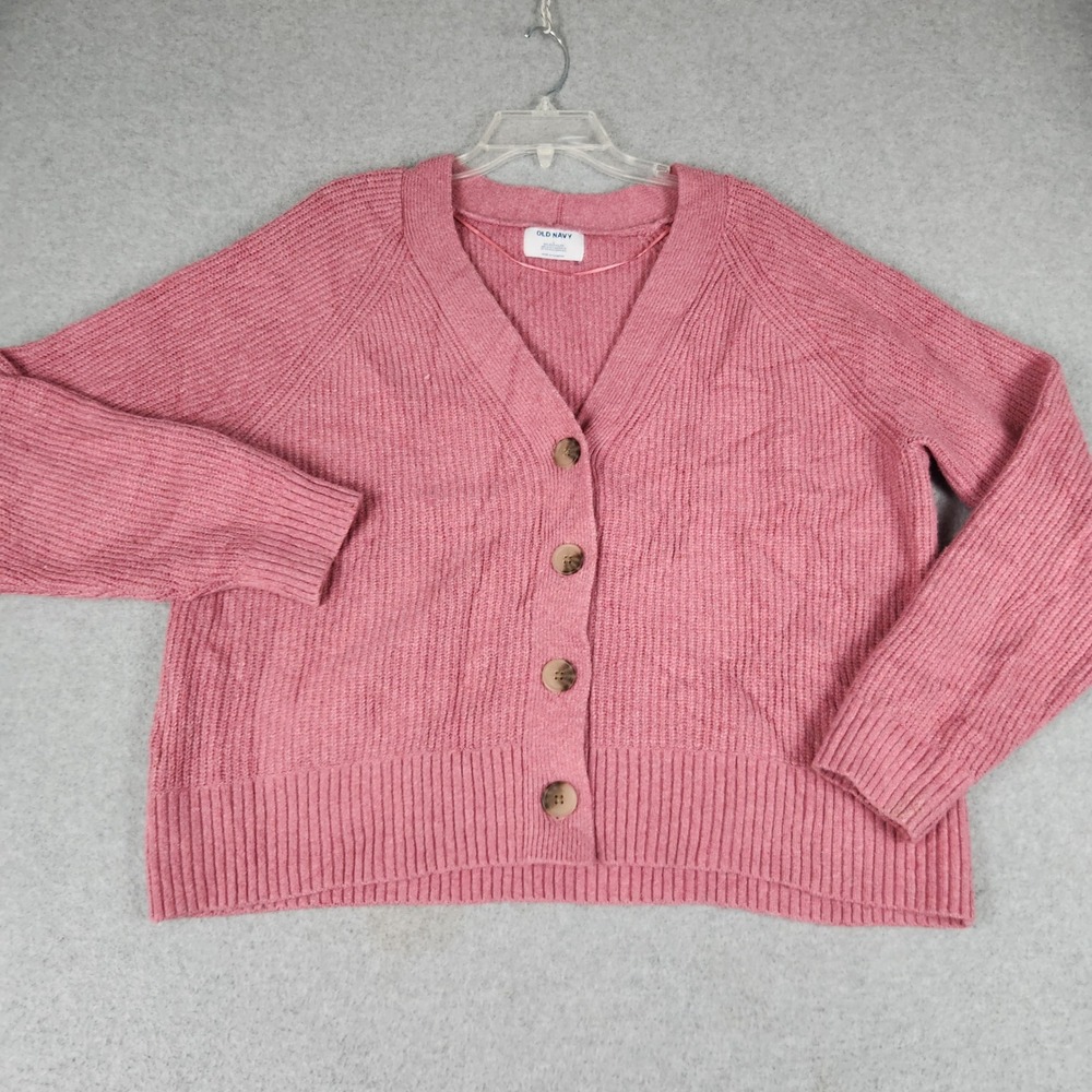 Old Navy Cardigan Sweater Womens L Pink Ribbed Knit Button V-Neck Button Front